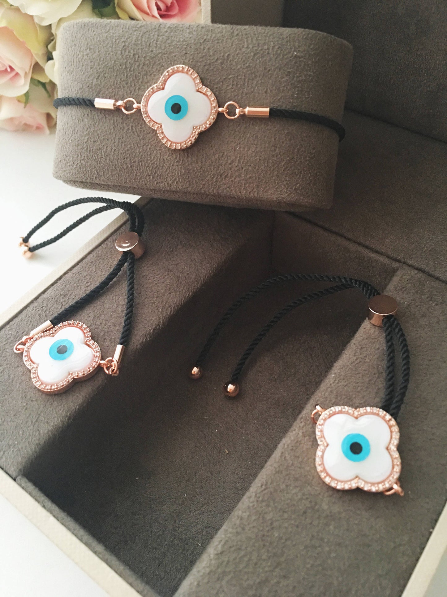 Greek Evil Eye Bracelet, Rose Gold Bracelet Set, Hamsa Clover Charm