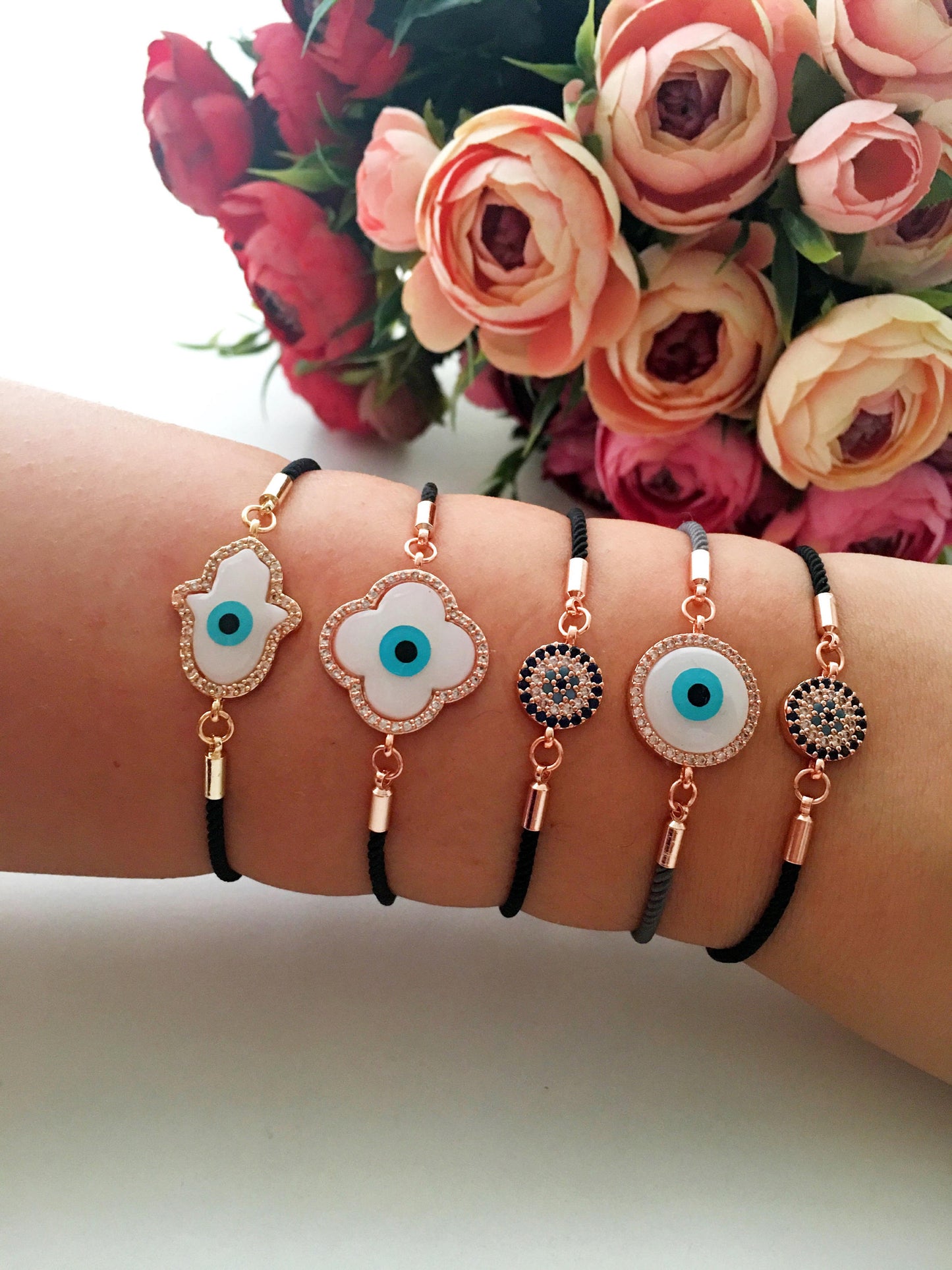 Greek Evil Eye Bracelet, Rose Gold Bracelet Set, Hamsa Clover Charm