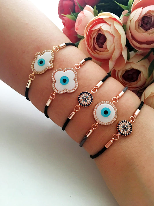 Greek Evil Eye Bracelet, Rose Gold Bracelet Set, Hamsa Clover Charm