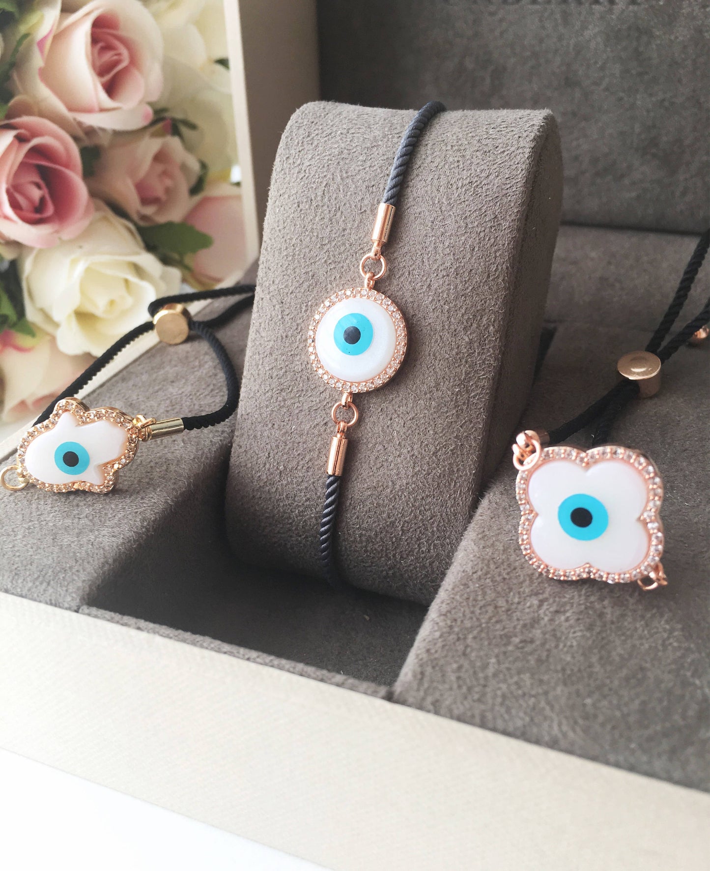 Greek Evil Eye Bracelet, Rose Gold Bracelet Set, Hamsa Clover Charm