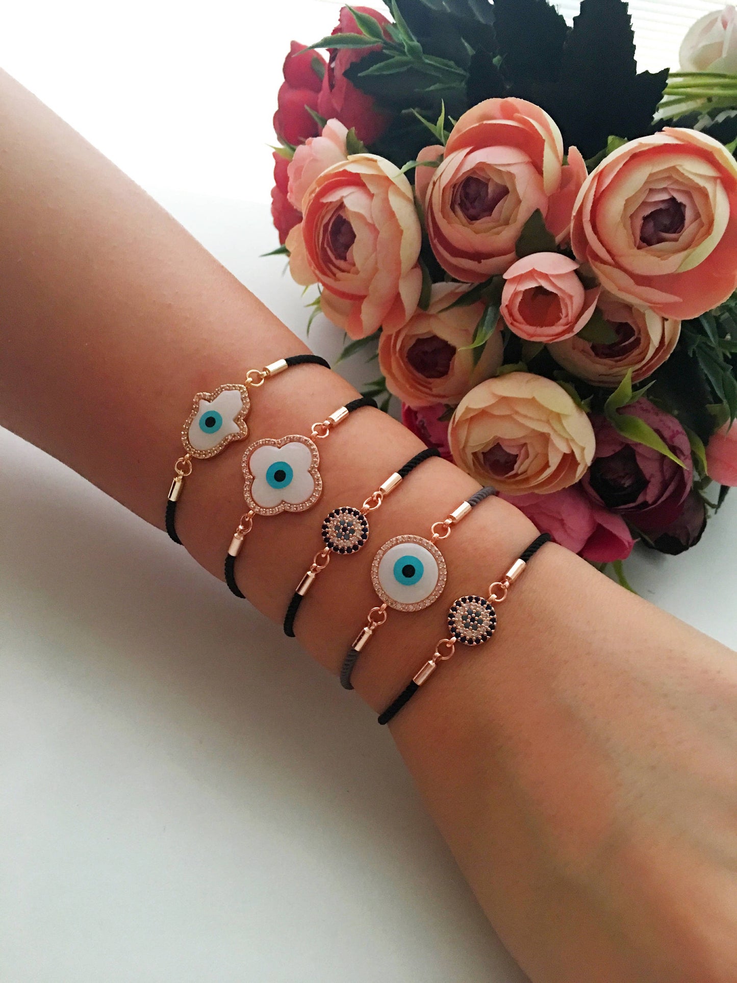 Greek Evil Eye Bracelet, Rose Gold Bracelet Set, Hamsa Clover Charm