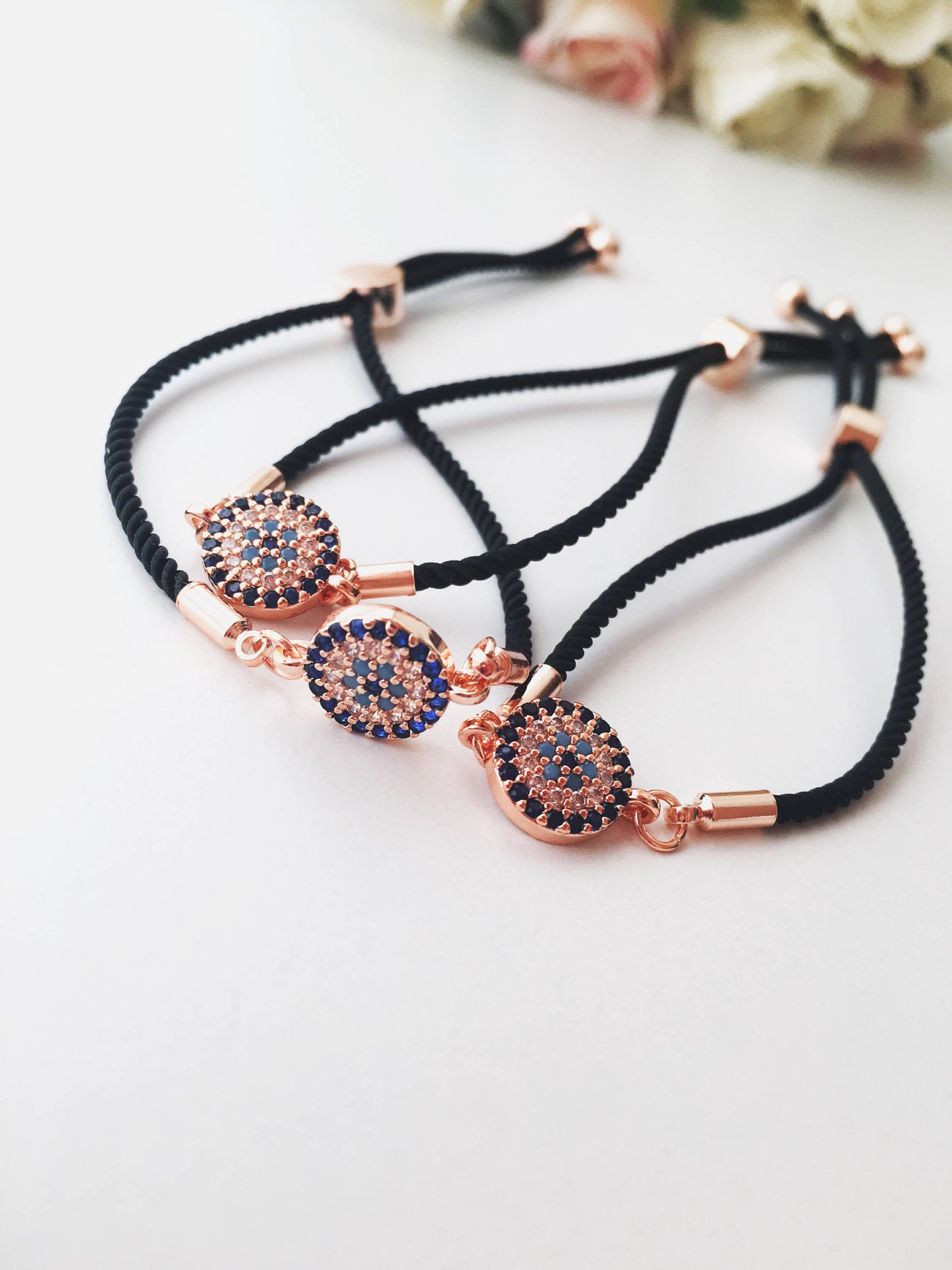 Greek Evil Eye Bracelet, Rose Gold Bracelet Set, Hamsa Clover Charm