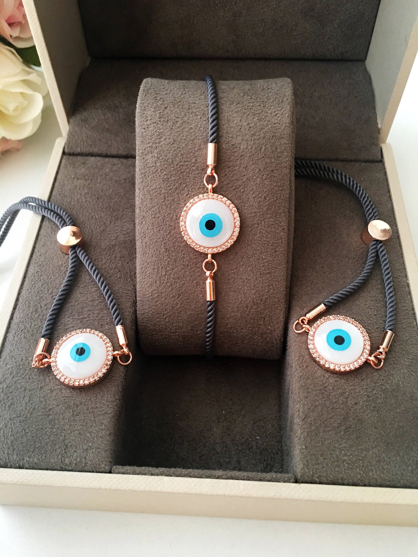 Greek Evil Eye Bracelet, Rose Gold Bracelet Set, Hamsa Clover Charm