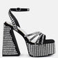 Lustrous Mirror Embellished Flare Block Heel Sandals