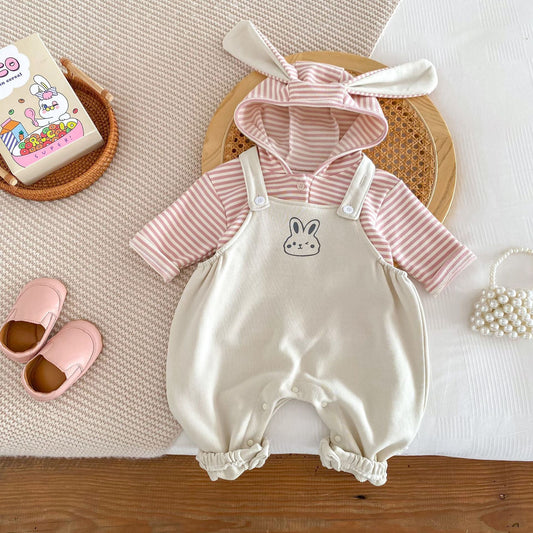 Baby Girls Overalls Romper&Pink Striped Rabbit Hood Top  Set