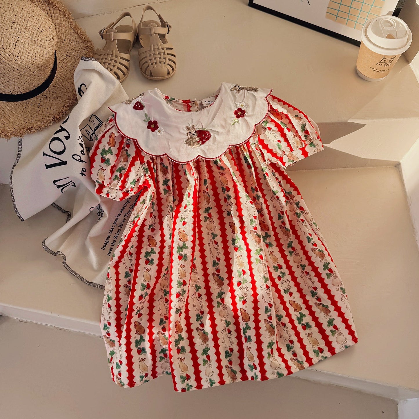 Summer Baby Kids Girls Short Sleeves Embroidered Collar Cartoon