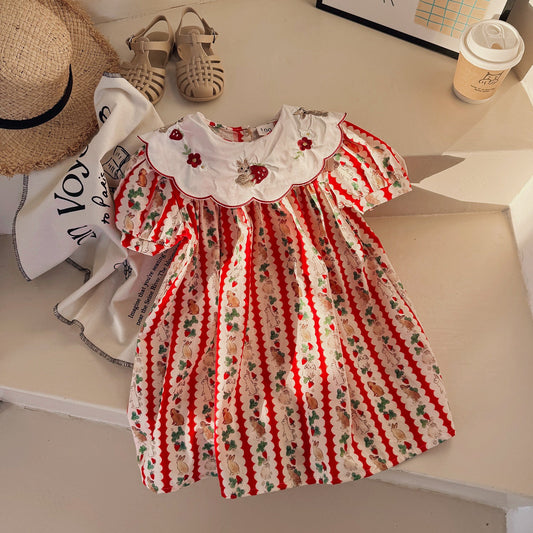 Summer Baby Kids Girls Short Sleeves Embroidered Collar Cartoon