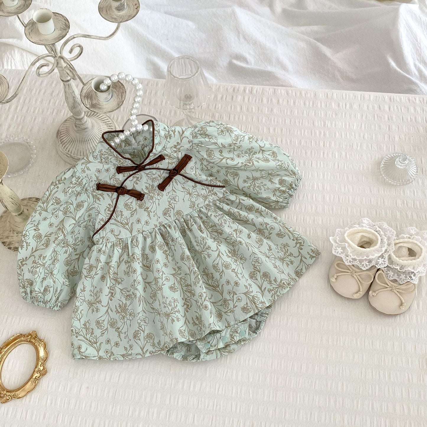 New Arrival Baby Girls Long Sleeves Floral Print Stand Collar