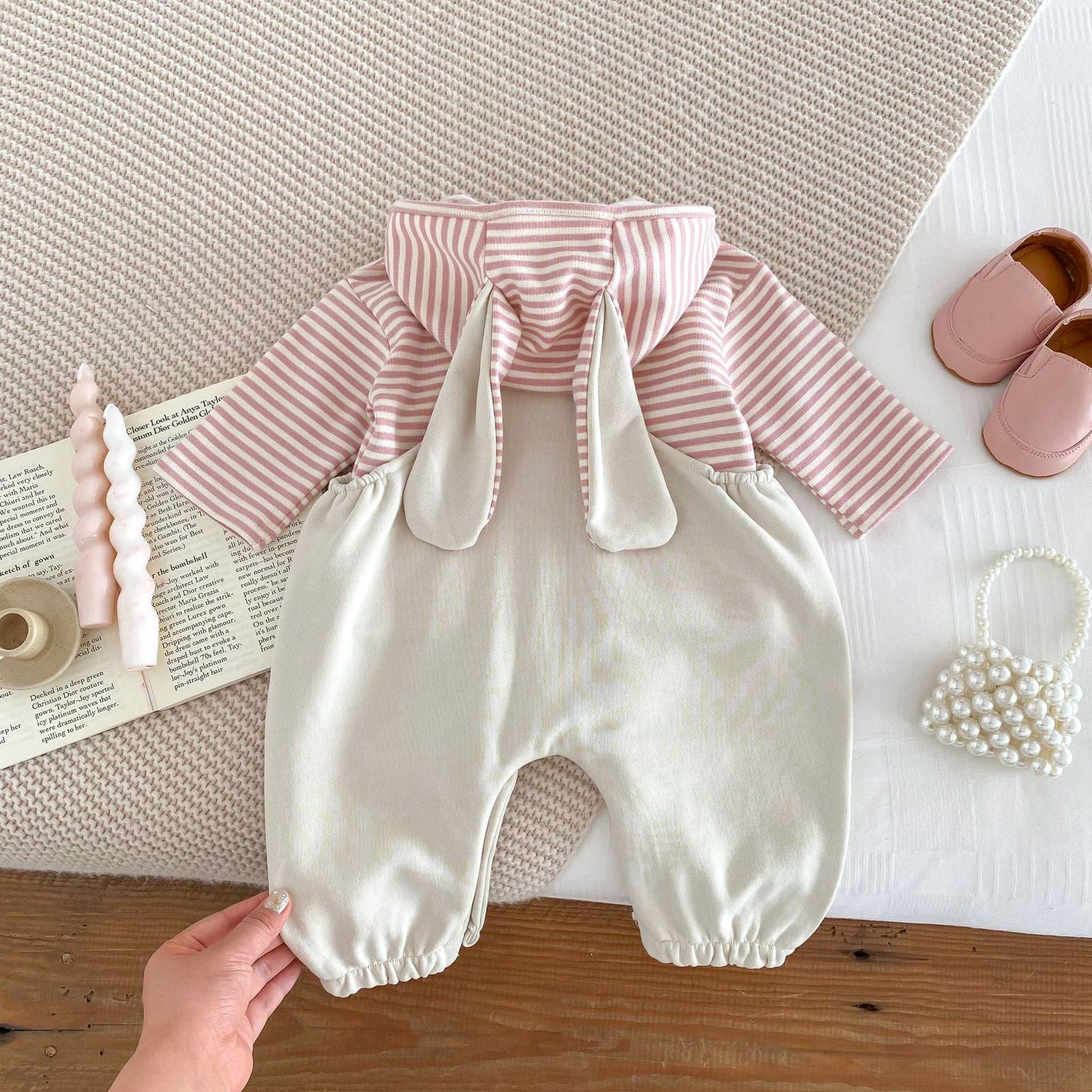 Baby Girls Overalls Romper&Pink Striped Rabbit Hood Top  Set