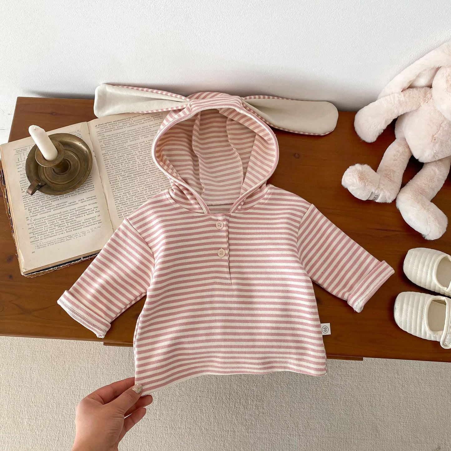 Baby Girls Overalls Romper&Pink Striped Rabbit Hood Top  Set