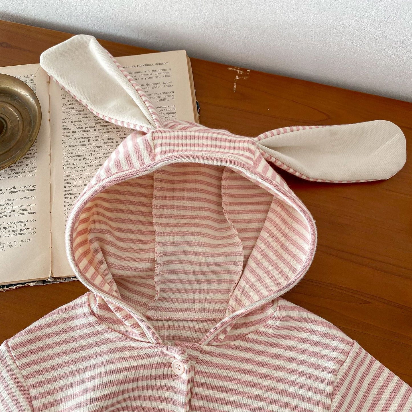 Baby Girls Overalls Romper&Pink Striped Rabbit Hood Top  Set