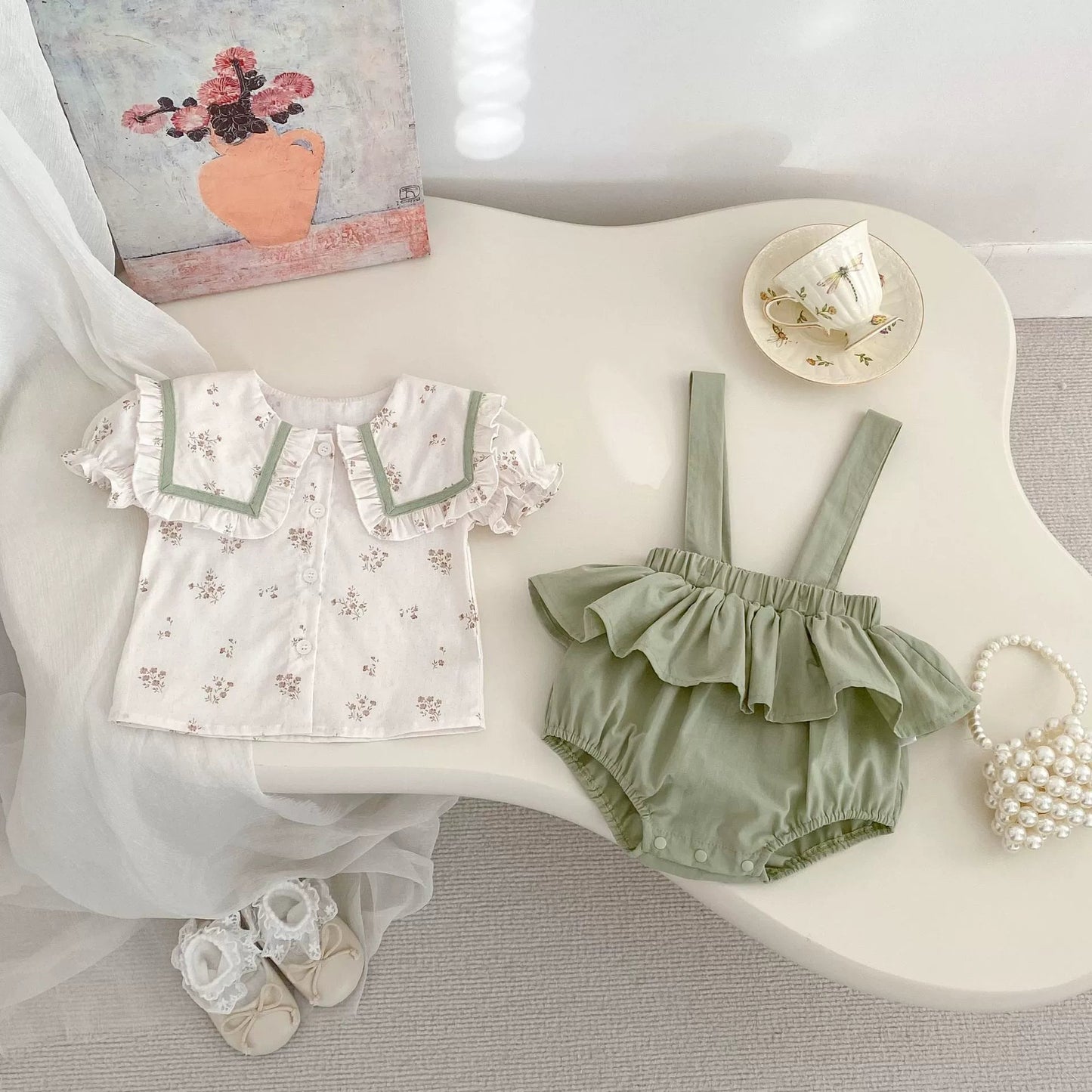 Summer Baby Kids Girls Floral Pattern Short Sleeves Top and Onesies