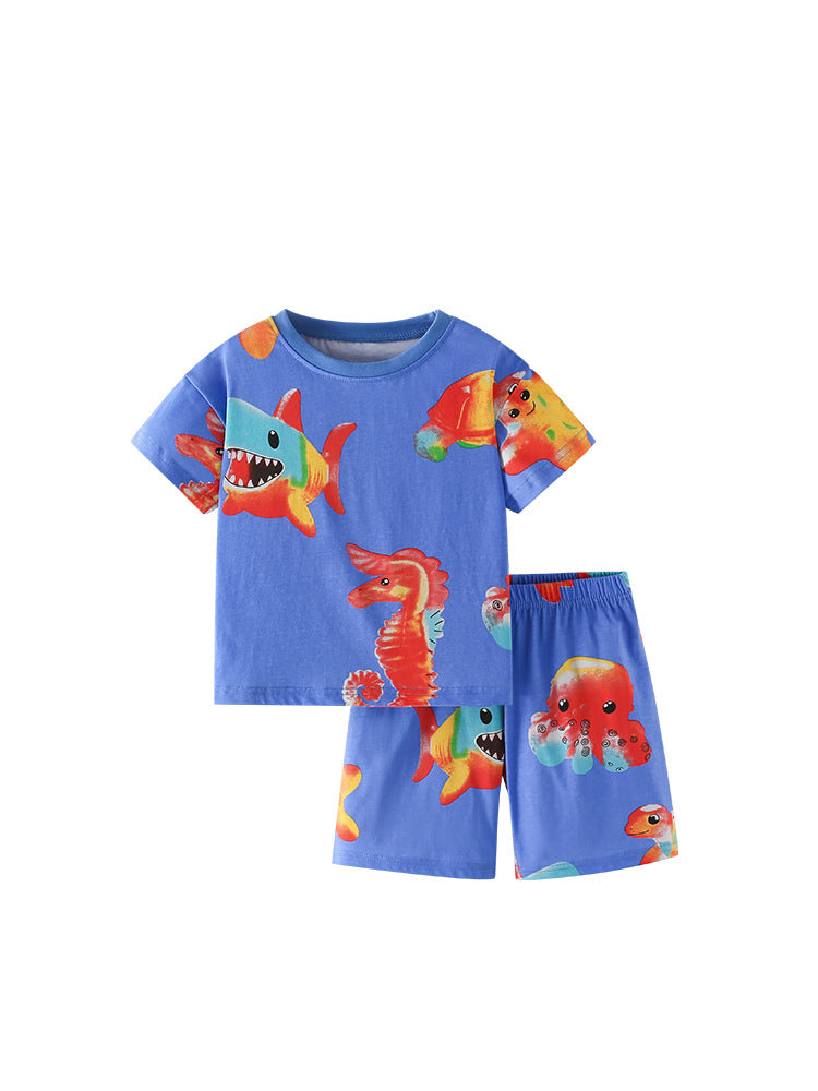 Summer Baby Kids Fish Pattern T-shirt and Shorts Clothing Set for Boys