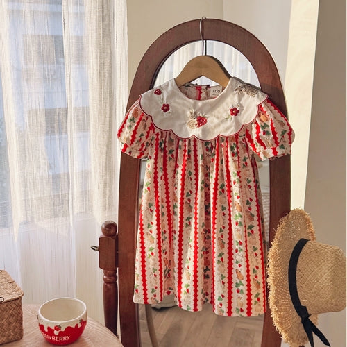 Summer Baby Kids Girls Short Sleeves Embroidered Collar Cartoon