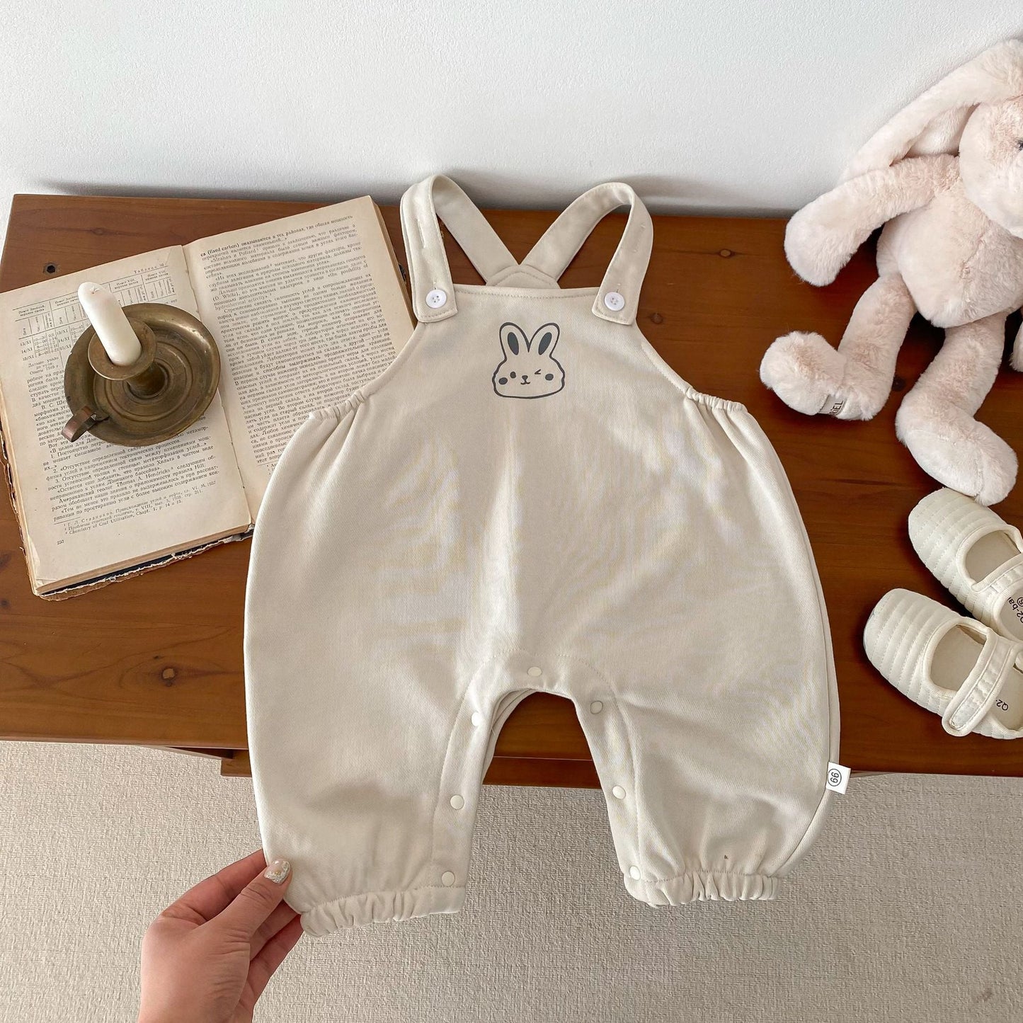 Baby Girls Overalls Romper&Pink Striped Rabbit Hood Top  Set