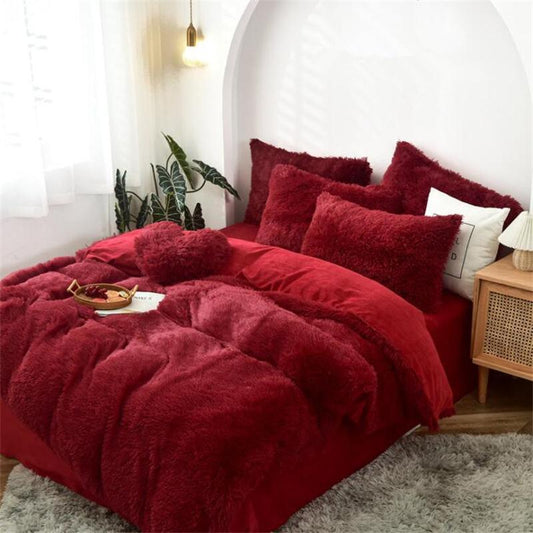 Dark Red Fleece Fabric Winter Thick Solid Bedding Sets Mink Velvet