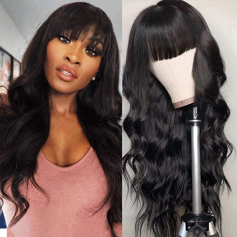 Long Black Body Wave Wigs With Full Bangs Virgin Brazilian None Lace