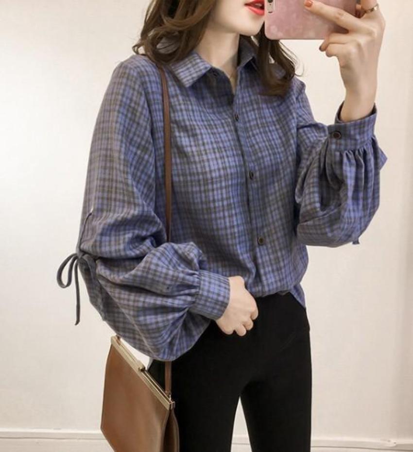 Womens Loose Fit Button Front Bell Sleeves Plaid Shirt