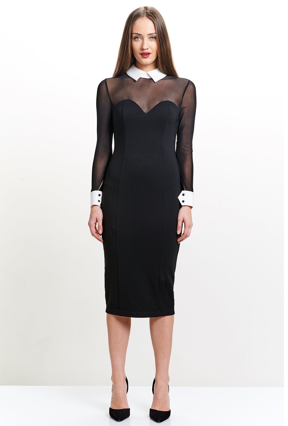 Tuxedo Illusion Dress - Midi dress with mesh sleeves, & contrast - Walbiz.com