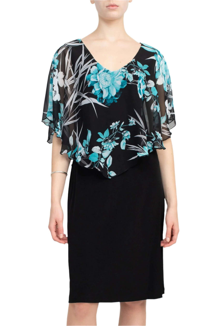 Connected Apparel V-Neck Floral Print Cape Sleeve Chiffon & ITY Dress - SEAFOAM / 10