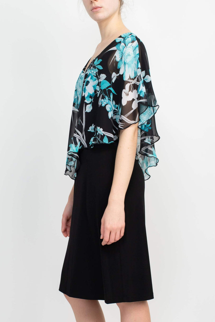 Connected Apparel V-Neck Floral Print Cape Sleeve Chiffon & ITY Dress - SEAFOAM / 10