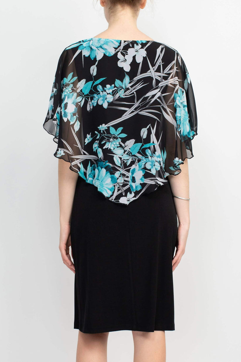 Connected Apparel V-Neck Floral Print Cape Sleeve Chiffon & ITY Dress - SEAFOAM / 10