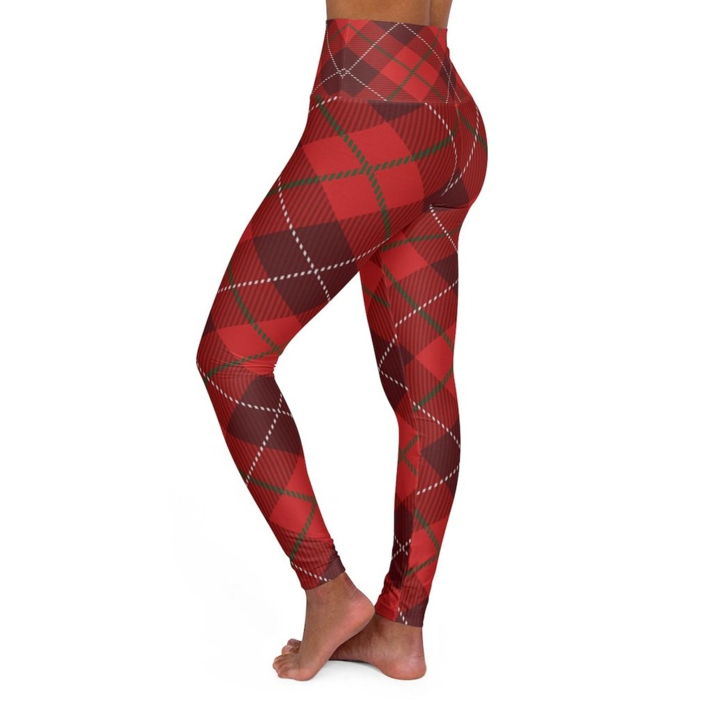 Womens Leggings, Red Plaid Style High Waisted Fitness Pants